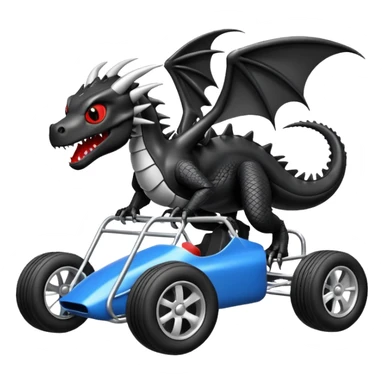 Special air-cooled three-cylinder race car whose frame and suspension is made of shopping cart material with a large rear-mounted gas tank, and rear spoiler, is being tested by a small black dragon  sticker