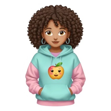 br Black girl, clean girl aesthetic, 4C curly hair in a puff, pastel hoodie, white sneakers, minimal jewelry, soft smile, cozy vibe, bright colors, Apple-style emoji sticker