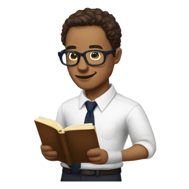 A man with specs white shirt and  navy blue tie reading a  book called New Human Revolution  sticker