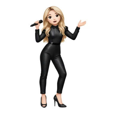 Sabrina carpenter singing at concert wearing a black sparkle jumpsuit and black sparkle heels. There is a huge crowd and light pink stage setting  sticker