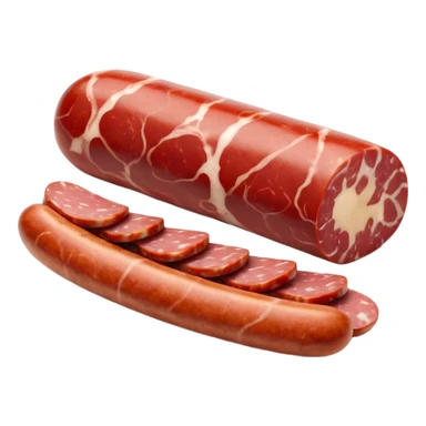 short cured sausage with dusty white casing, sliced at one end to show marbled red meat and fat, a few round slices beside it, no extras, soft lighting, subtle shadows, emoji scale sticker