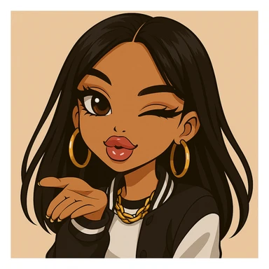 Remove any hats, ensure she is winking while blowing a kiss, headshot only, 20-year-old anime Bratz style woman with dark skin, dark hair, trendy streetwear, big expressive eyes, glossy lips, happy expression, no tears. Style: anime Bratz. sticker