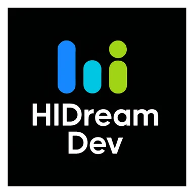 create high dream logo like this with text "HIDream Dev", black background  sticker