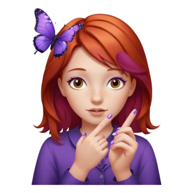 red haired girl finger holding purple butterfly - but her hands down sticker