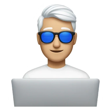 Create a white male with blue light glasses in front of a MacBook with AirPods Max on and a backwards ha sticker