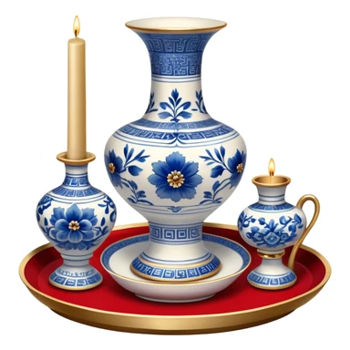 Metal painting icon, a metal vase, tray, and candlestick, each decorated with different techniques: Gzhel-style blue floral patterns, Chinese red and gold designs, and intricate Golden embroidery-style details. Visible fine paintbrush, paint pots, and accessories like porcelain palette, minimalistic style, clean lines, transparent background. sticker