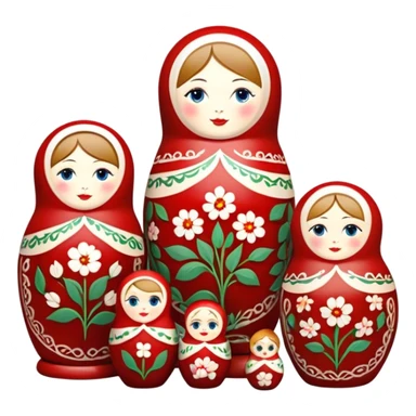 Russian nesting dolls (matryoshka) painting icon, several dolls of different sizes being hand-painted with traditional floral patterns, paintbrushes, small pots of paint, and carving tools nearby, visible process of decoration, minimalistic style, clean lines, transparent background. sticker