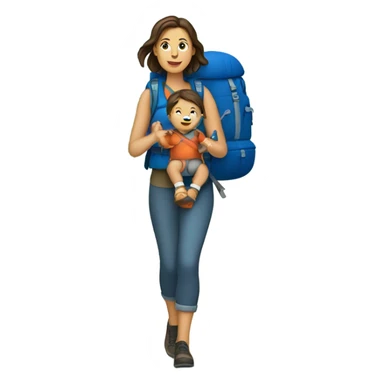 Brunette white Woman hiking with a baby in a blue backpack carrier sticker