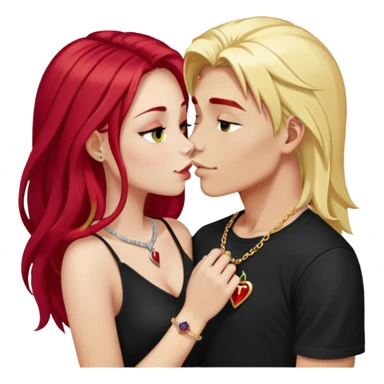 close-up of 20 year old couple kissing, girl with long cherry red hair, blonde eyebrows, gold necklace with letter A, diamond gold ring, red bracelet, boy with bright white hair wearing silver ring with black stone and dark t-shirt sticker