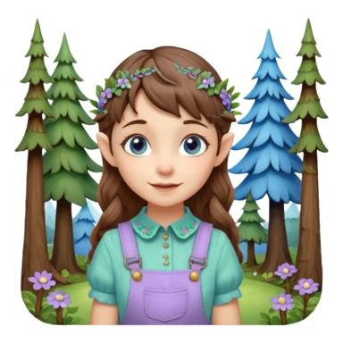 Kind happy whimsical quirky Girl toymaker, wood carving elf. Woodland nature creator. Blue eyes. Short bob, brown wavy hair with bangs. Whimsical playful cute. Overalls with nature embroidered cute shirt collar. Light green, light purple and light blue colour aesthetic  sticker