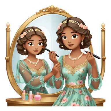  Middle Eastern-inspired moment of a woman getting ready in front of a mirror. She wears a delicate floral dress with sheer, flowy sleeves, accessorized with gold jewelry and traditional pearl-adorned hair clips. Her  as she applies mascara and eyeliner , her reflection revealing a soft smile.  sticker