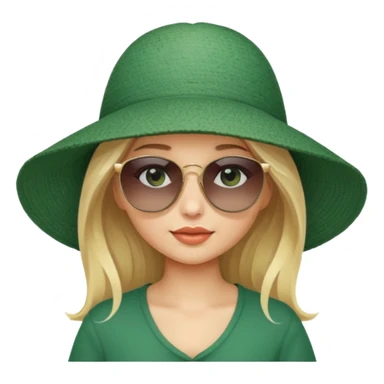 
blonde girl in dark green beach big hat adjusting sunglasses sticker