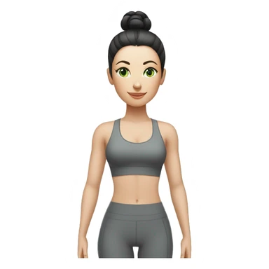 Pale skinned fit woman In a gray tight yoga suit and wristbands With ash black hair in a bun and green eyes doing yoga sticker