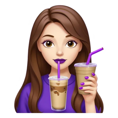 girl with long brown hair, wine lipstick, gold nail polish, drinking a blueberry butter pecan iced coffee with a purple straw  sticker