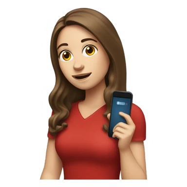 a white girl with long brown hair in a red dress holding a cell phone showing it sticker