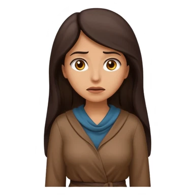 Cartoon emoji of a Middle Eastern-looking woman with long, loose dark hair, wearing chocolate-colored clothes. Full-height, standing, nervous, unsure, worried expression. Slightly hunched, anxious posture. Smooth, simple, stylized. sticker