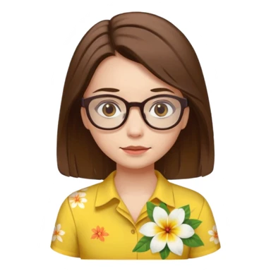 female with white skin. Shoulder length straight brown hair. Brown eyes with glasses. Hawaiian Flower in hair. Female wearing baby yellow shirt. sticker