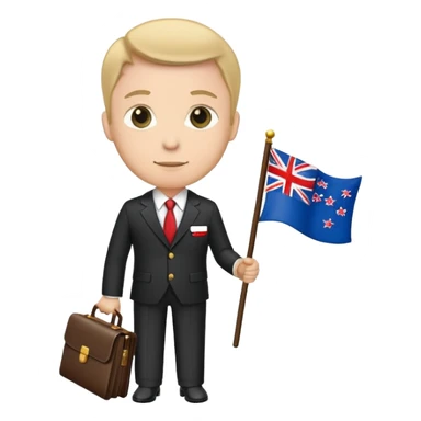 A diplomat in a formal suit with a briefcase and flag pin on lapel sticker