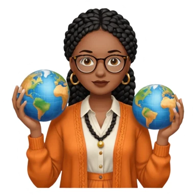 a young woman wearing fine gold round glasses and black hair in several box braids, no earrings, she has light black skin, and she's wearing a white shirt with an orange-terracotta cardigan on top. She's holding a globe in one hand sticker