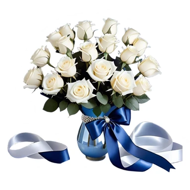 A deep midnight blue velvet background sets the stage for a mesmerizing arrangement of frosty blue and pure white roses, bound together with a delicate pearl-beige ribbon. The ribbon’s edges curl elegantly, as if dancing in an invisible breeze. Floating nearby, metallic pearl balloons in icy silver, misty blue, and opalescent white reflect the ambient glow, creating an ethereal, moonlit atmosphere. Scattered pearl beads and soft candlelight add depth and intimacy to the scene. sticker