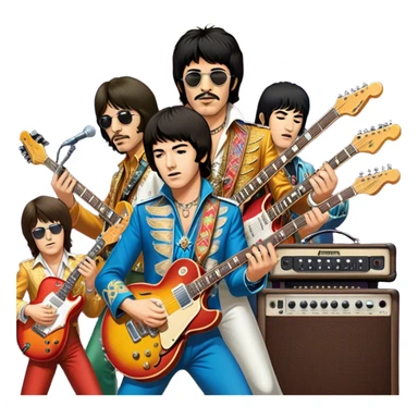 Rock music icon: dynamic collage of global rock legends like The Beatles, Jimi Hendrix, Elvis Presley, Led Zeppelin, Queen, and Nirvana, surrounded by guitars, amplifiers, and stage lights. Symbolizing the energy and power of rock music. Transparent background. sticker