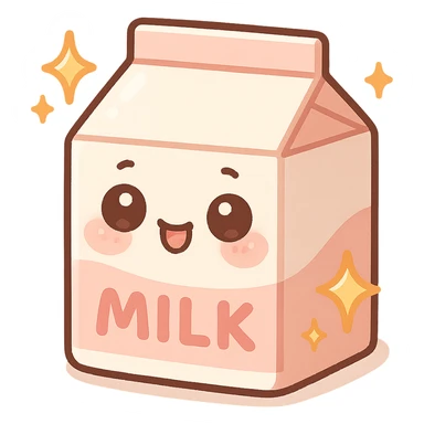 chibi sticker-style milk carton with sparkles, cute and exaggerated sticker
