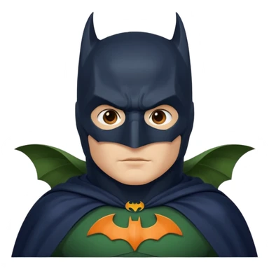 generate a batman emoji with just the face and neck showing and part of the cloak and and wings. Shade the bat logo on the chest in a medium green with a slight olive touch. Shade the mask in dark navy blue and the the cloak in a solid vibrant orange.

 sticker