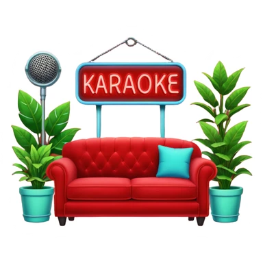red velvet couch, mic in front, houseplants in back, and a neon sign saying "karaoke", and NO PEOPLE IN IT sticker