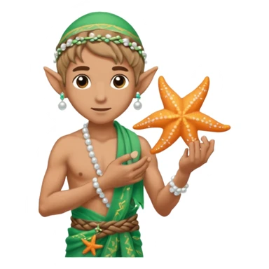 elf male Sarong with bioluminescent embroidery, armful of starfish, hair in a braid with pearl pins, pixel art style sticker