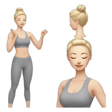 Pale skinned fit woman In a gray tight yoga suit and wristbands With ash blonde hair in a bun doing yoga sticker