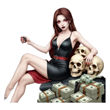 Lilith red eye seductress evil long brown haired sexy succubus woman with leather long dress with slit on, sitting in Big Large F350 pickup truck. Back seat full of stacks of cash, she is  Holding a human skull of her enemies and a gun in other hand sticker