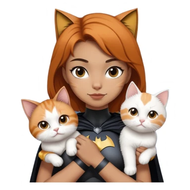 a girl with short dark hair holding 2 cats, ginger cat and white fluffy cat that looks like batman the superhero sticker