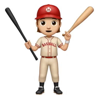 Wooden cylinder of wood with eyes mouth legs hands and arms holding a baseball bat sticker