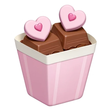 Two glossy square milk chocolate pralines placed diagonally, each in a white ridged paper cup, topped with a soft pastel pink heart icing with subtle sugar sparkle.
Cute minimal emoji-style, realistic and polished, clean studio lighting, pure white background, smooth 3D render, high resolution. sticker