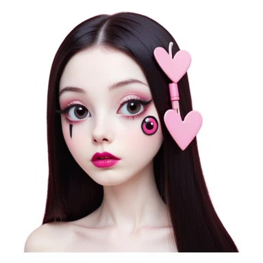 girl with white skin, dark brown long realistic straight hair with middle part prominently falling in front of her body over her shoulders, lips with reddish-pink shiny lip gloss and absolutely no cupid's bow, big round eyes with very black shiny eyeballs and long eyelashes, light pink blush on cheeks, no eyeshadow, lighter button nose, exceptionally elongated very long oval-shaped face, wearing a pink off-shoulder top, looking directly at camera with hands down at sides sticker