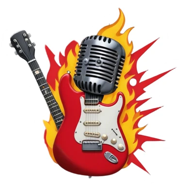 Create a bold and dynamic emoji representing rock vocal performance in a humanless collage. The design should feature a vintage microphone at the center, surrounded by key rock elements like an electric guitar, drumsticks, and a guitar pick. Include symbols of energy, such as lightning bolts or flames, and subtle musical notes or sound waves to evoke the raw power of rock vocals. Use dark, bold colors like black, silver, and red, with hints of chrome or metallic accents to convey the edgy, rebellious spirit of rock music. The background should be transparent. sticker