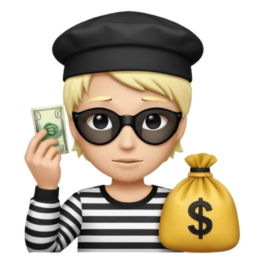 Realistic ios emoji-style portrait of a classic burglar, a black eye mask and a black-and-white striped shirt. emoji-like hair, black hat, a bag of money 💰 with a dollar sign in a right corner, mean expression  sticker