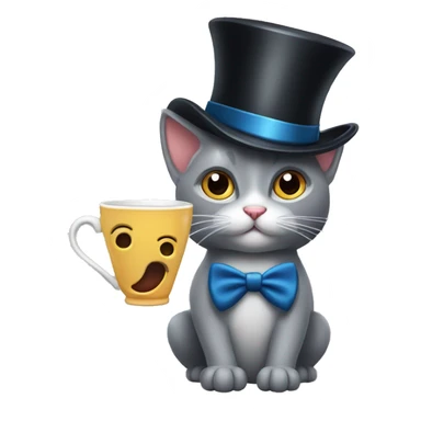 A surprised grey cat with a mustache and a top hat, a cup tea with big surprised eyes, an Englishman  sticker