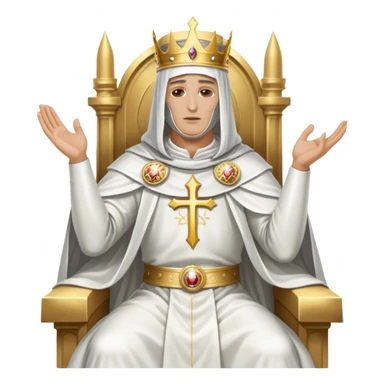 King Baldwin IV from Kingdom of Heaven, sitting on a throne in a holy white costume. He wears a silver mask covering his face, his head slightly bowed, and his right hand raised in a blessing gesture. sticker