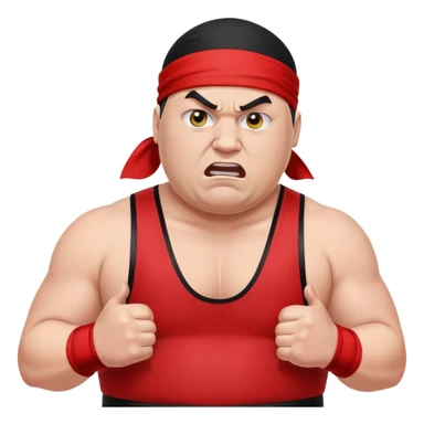 Close-up of white skin fat guy no muscle with prominent black durag, completely shaved face, no beard or mustache, black eyes in a red and black wrestling singlet with angry face sticker