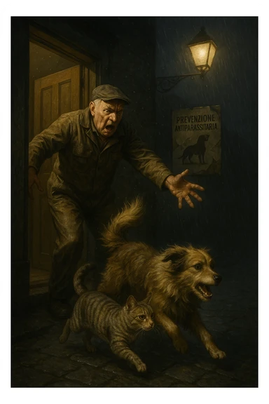 Un uomo anziano in tuta da lavoro, con espressione arrabbiata, butta fuori i suoi animali con aperta la porta di casa mentre il suo cane (un meticcio a pelo lungo) e il gatto (soriano) scappano nella strada buia sotto la pioggia. Particelle di polvere/pulci fluttuano nell'aria illuminata dal lampione. Sullo sfondo, un poster strappato del veterinario con scritto 'Prevenzione antiparassitaria'. Stile fotorealistico, illuminazione Caravaggesca, toni grigi e ocra. in italiano sticker