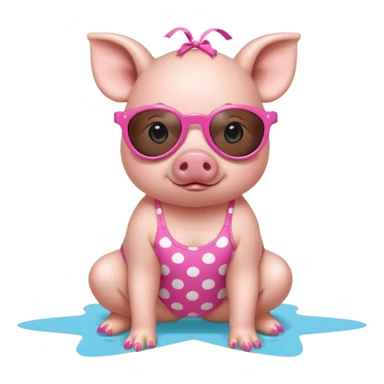 cute pig wearing  star-shaped sunglasses and polka dot bathing suit on all fours with nail polish sticker