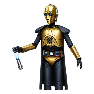 undercover tough well-equipped jedi first order life-sized darkblue-pearl C3po as a friendly bounty hunter droid wearing a leather clothing old west duster coat holding light saber sticker