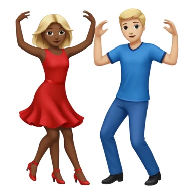 Two people dancing, one wearing red with blond hair and one wearing blue with brown hair and dark skin sticker