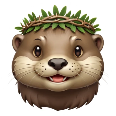 anthropomorphic smiling otter face in three-quarter profile view with simple thorny stem wrapped horizontally around its forehead like Jesus Christ's Crown of thorns, more human-like features, expressive eyes, human-like expressions, Apple emoji style, glossy finish sticker