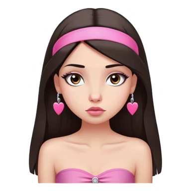 girl with lighter skin, dark brown long straight hair, pouty shiny lips without cupid's bow, large eyes, lighter button nose, long oval-shaped face, wearing a pink bandeau top with straight neckline, looking directly at camera with hands down at sides sticker