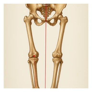 Hyperrealistic anatomical illustration 4K, rear view, 1:1 proportion, normal knee seen from the front, pelvis bones, femur, tibia, and fibula clearly highlighted, red mechanical axis line, realistic details, medical style, neutral background. sticker