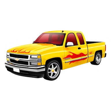 Bright yellow 1997 Chevy Silverado with custom airbrushed red flame paint job on hood extending to sides, exactly as in Kill Bill 'Pussy Wagon', 30-degree angle, iOS emoji style sticker