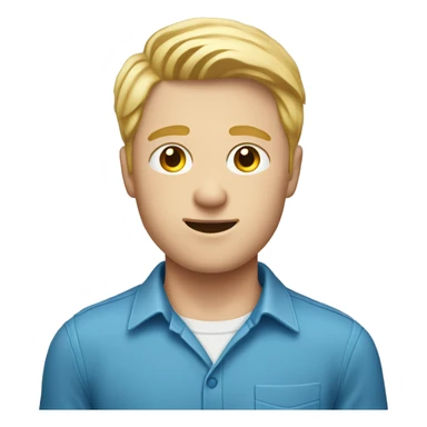An emoji of a young man with fair skin, blonde hair, wearing a blue shirt, and holding a phone. sticker