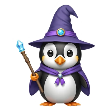penguin wearing a wizard hat and robe, holding a magic wand sticker